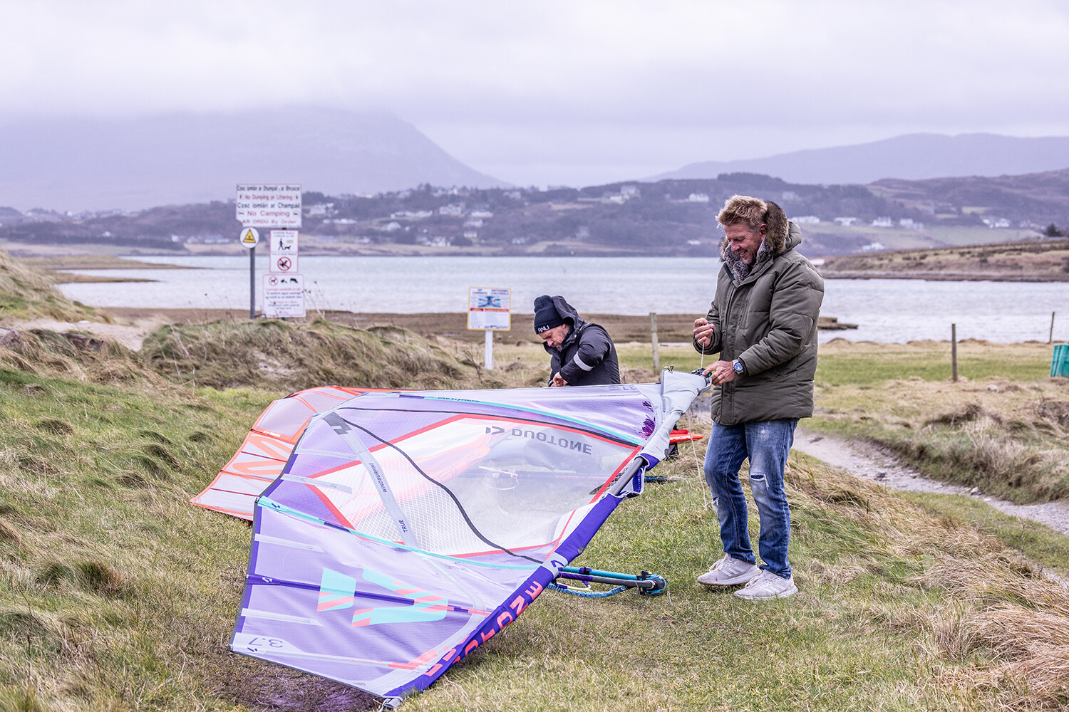 Rigging sails before a session in Ireland